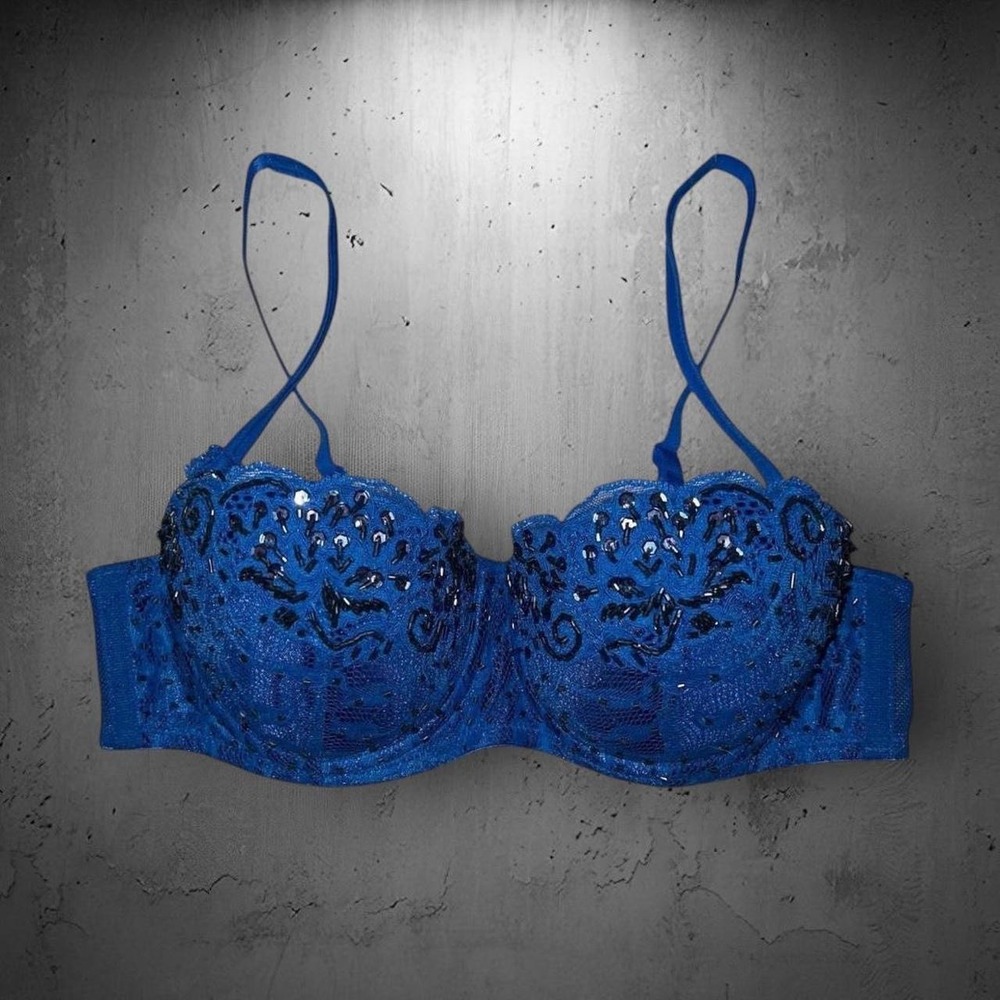 Victoria's Secret Sequin Beaded Lace Balconette Push Up Bra 34A Blue Glam Fairy